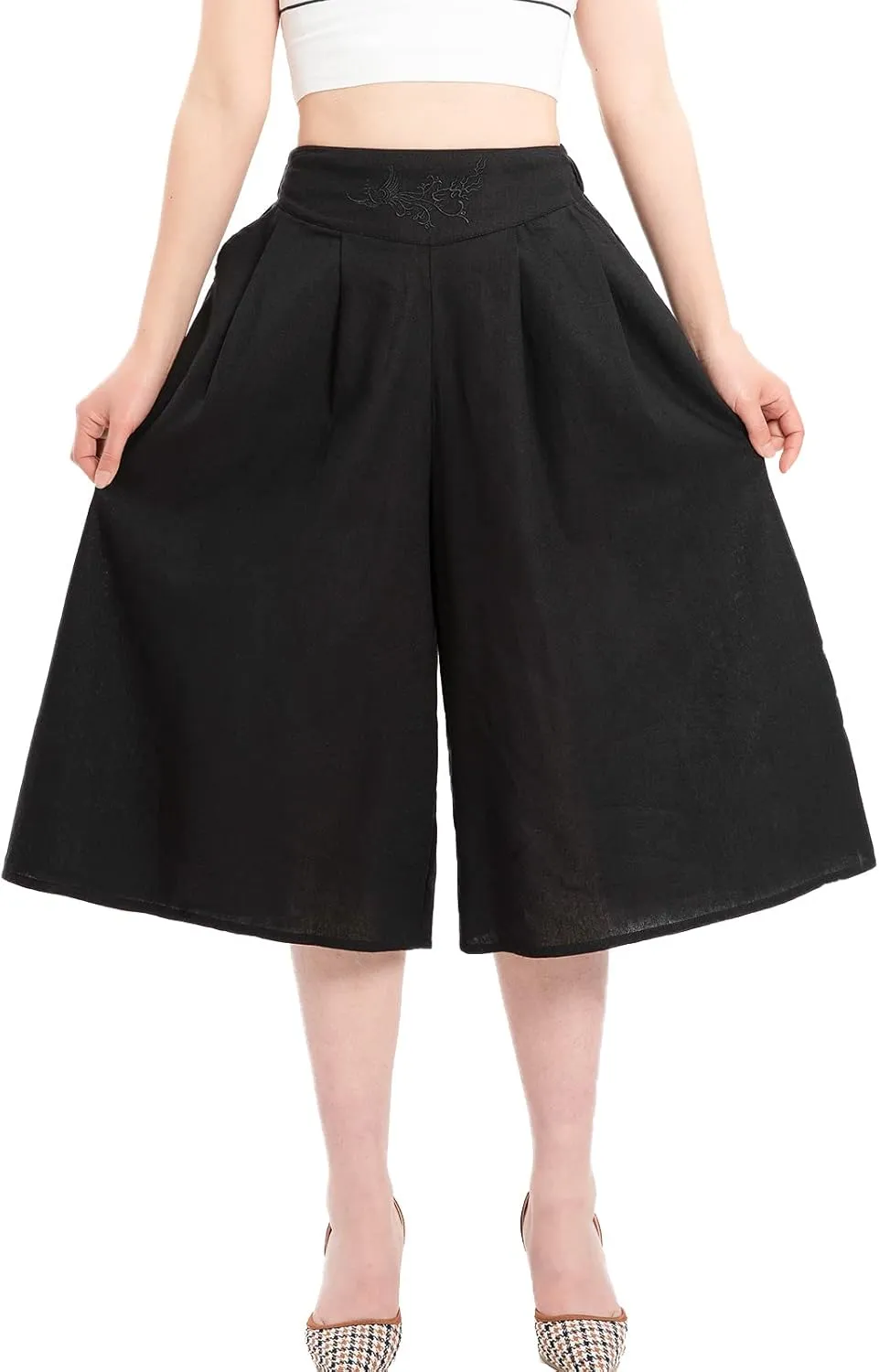 Lisskolo Women's Baggy Linen Wide Leg Palazzo Capris Pull On Embriodered Solid Summer Beach Cropped Culottes Pants Pocketed