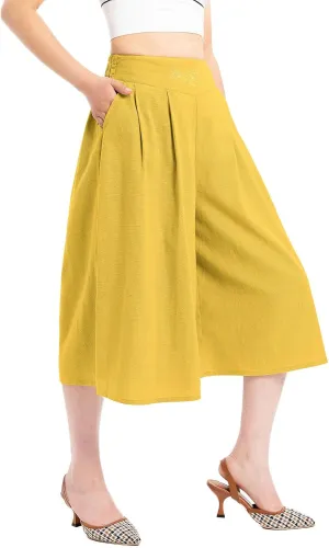 Lisskolo Women's Baggy Linen Wide Leg Palazzo Capris Pull On Embriodered Solid Summer Beach Cropped Culottes Pants Pocketed