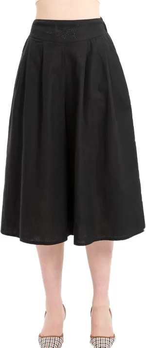 Lisskolo Women's Baggy Linen Wide Leg Palazzo Capris Pull On Embriodered Solid Summer Beach Cropped Culottes Pants Pocketed