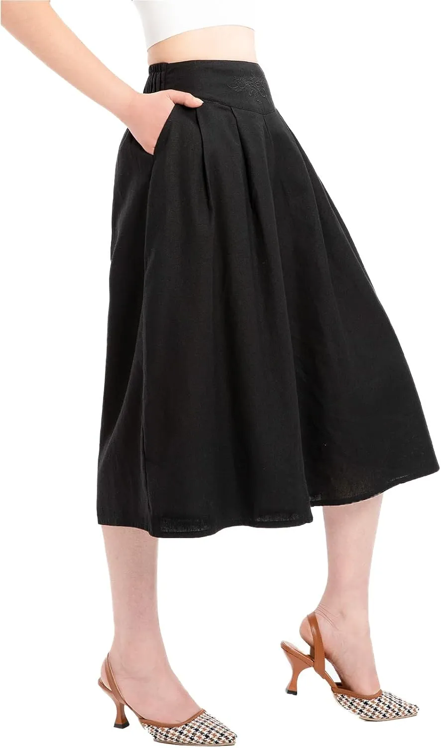Lisskolo Women's Baggy Linen Wide Leg Palazzo Capris Pull On Embriodered Solid Summer Beach Cropped Culottes Pants Pocketed