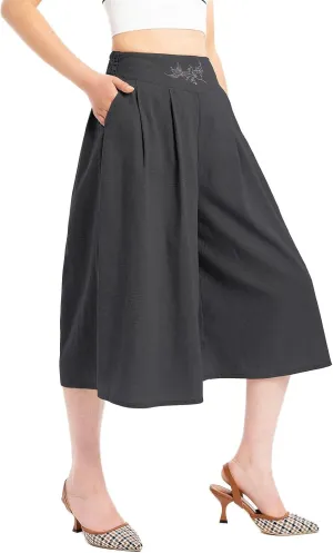 Lisskolo Women's Baggy Linen Wide Leg Palazzo Capris Pull On Embriodered Solid Summer Beach Cropped Culottes Pants Pocketed
