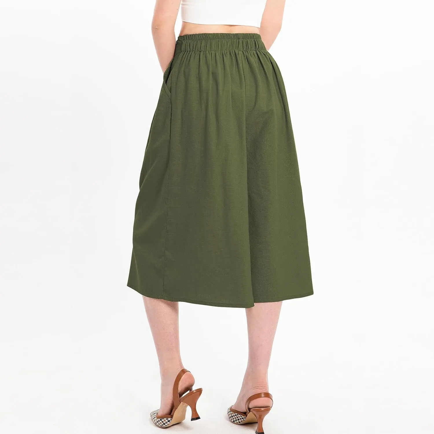 Lisskolo Women's Baggy Linen Wide Leg Palazzo Capris Pull On Embriodered Solid Summer Beach Cropped Culottes Pants Pocketed
