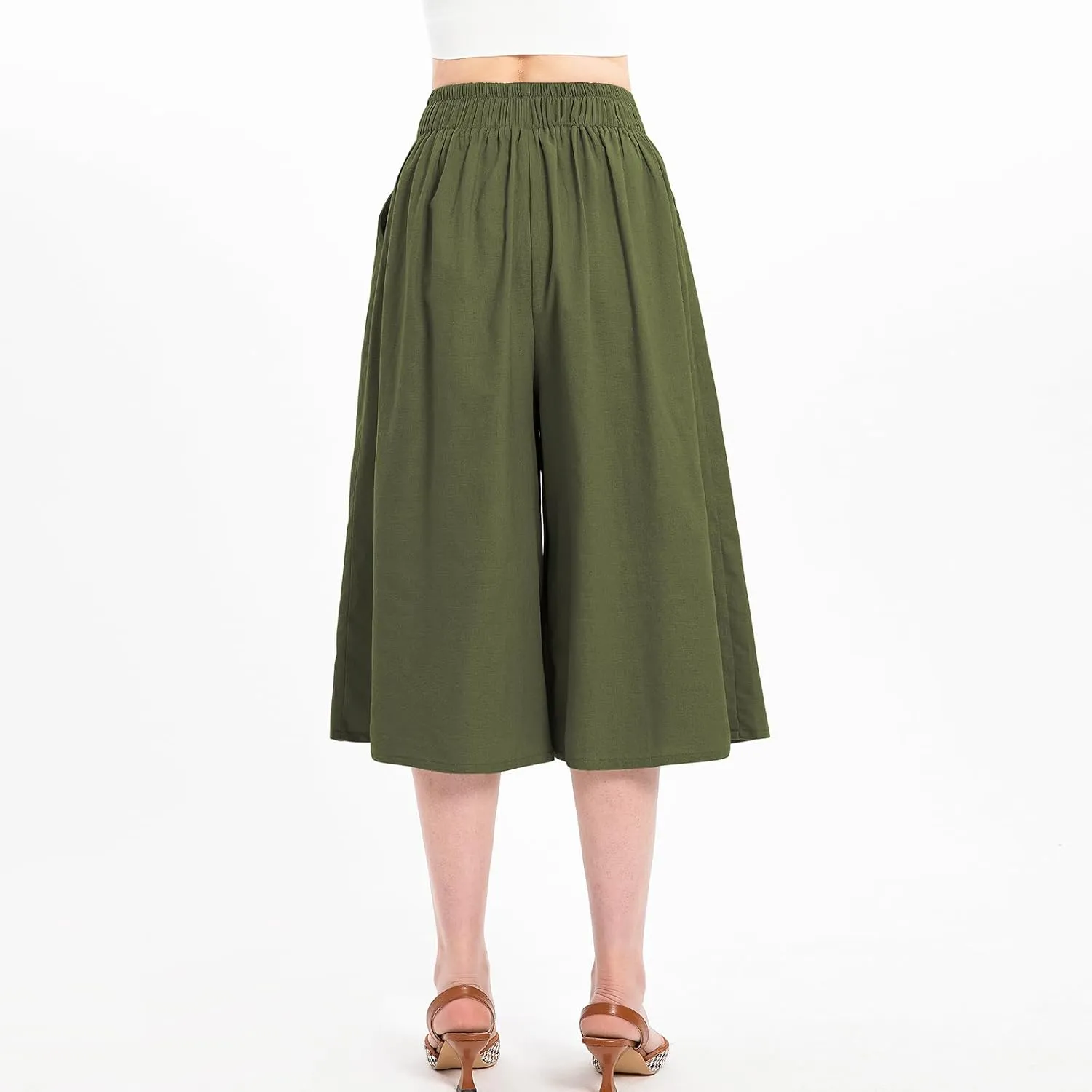 Lisskolo Women's Baggy Linen Wide Leg Palazzo Capris Pull On Embriodered Solid Summer Beach Cropped Culottes Pants Pocketed