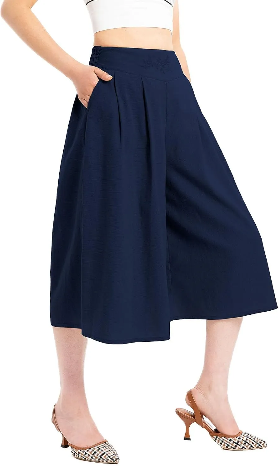 Lisskolo Women's Baggy Linen Wide Leg Palazzo Capris Pull On Embriodered Solid Summer Beach Cropped Culottes Pants Pocketed