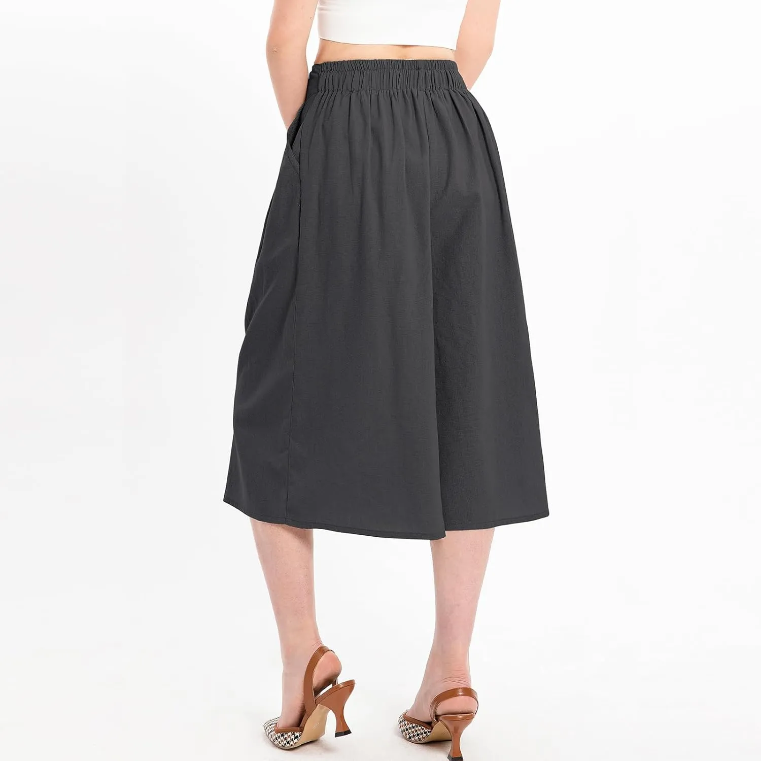 Lisskolo Women's Baggy Linen Wide Leg Palazzo Capris Pull On Embriodered Solid Summer Beach Cropped Culottes Pants Pocketed