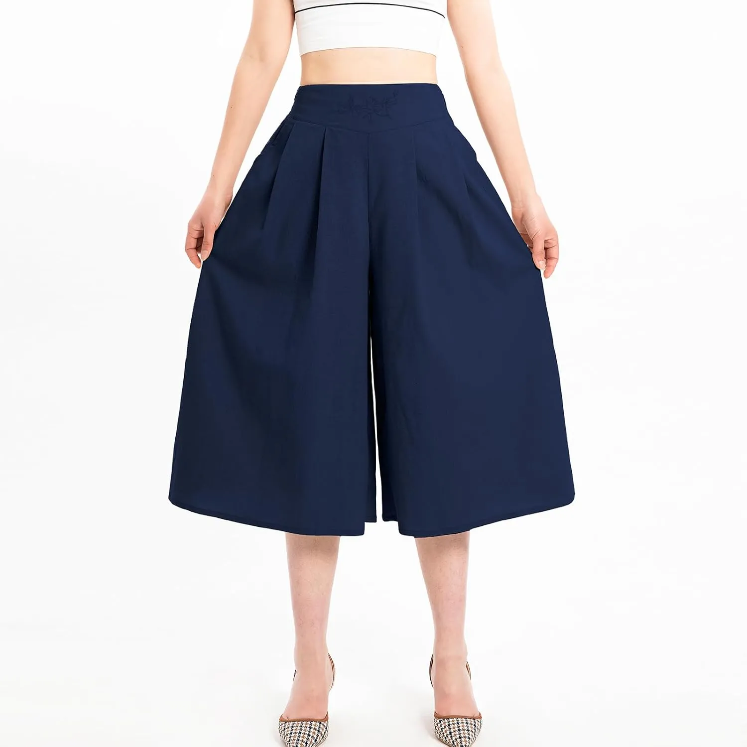 Lisskolo Women's Baggy Linen Wide Leg Palazzo Capris Pull On Embriodered Solid Summer Beach Cropped Culottes Pants Pocketed