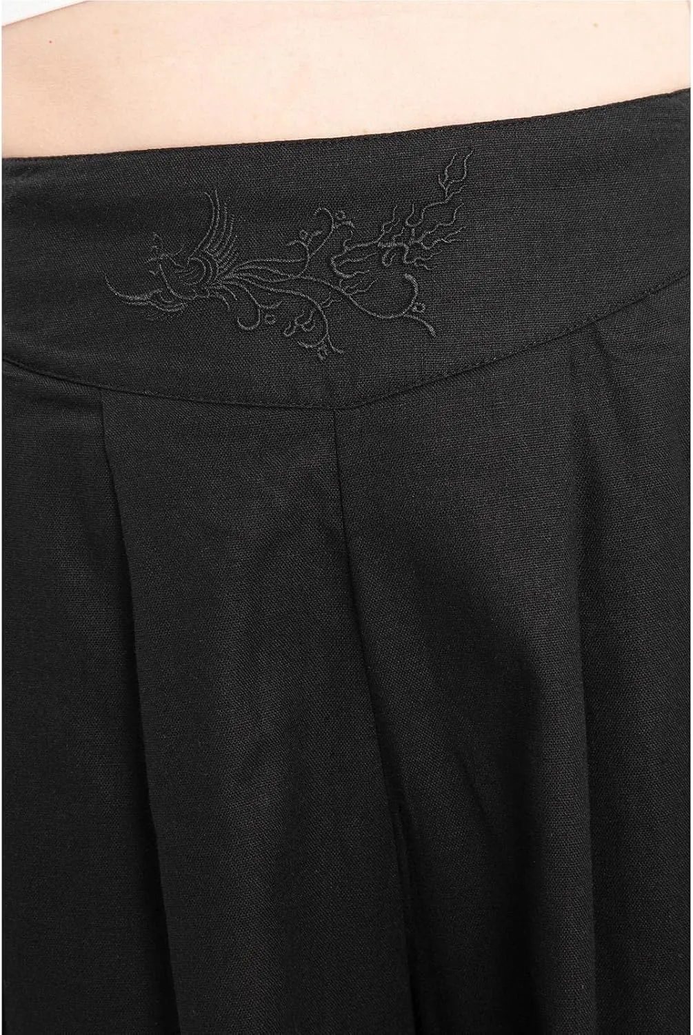 Lisskolo Women's Baggy Linen Wide Leg Palazzo Capris Pull On Embriodered Solid Summer Beach Cropped Culottes Pants Pocketed
