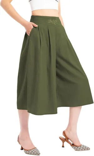 Lisskolo Women's Baggy Linen Wide Leg Palazzo Capris Pull On Embriodered Solid Summer Beach Cropped Culottes Pants Pocketed