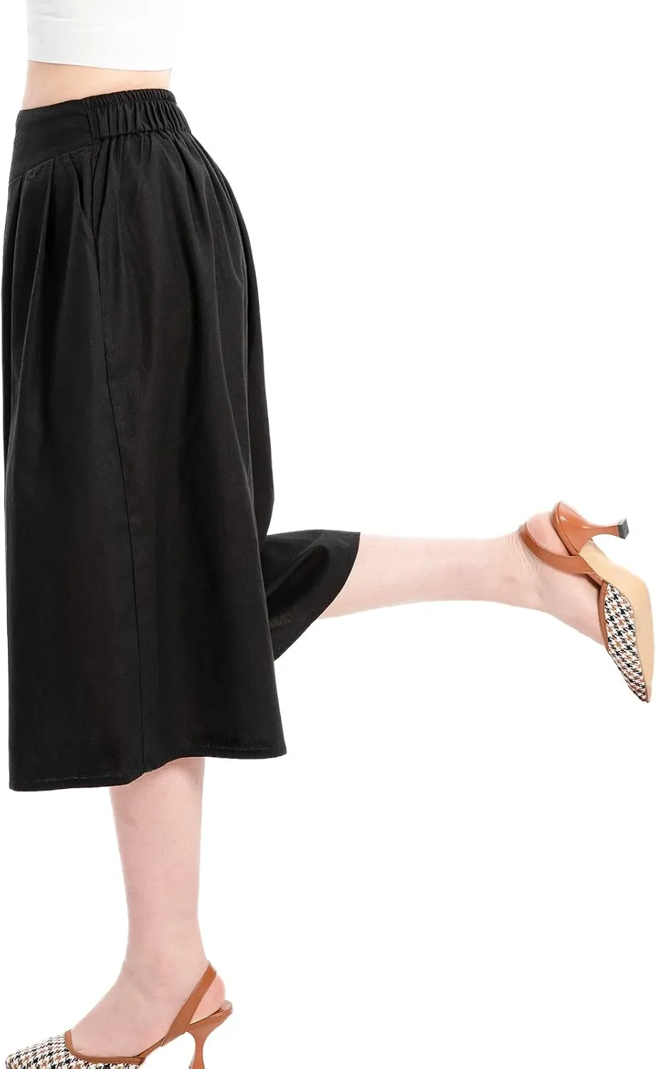 Lisskolo Women's Baggy Linen Wide Leg Palazzo Capris Pull On Embriodered Solid Summer Beach Cropped Culottes Pants Pocketed