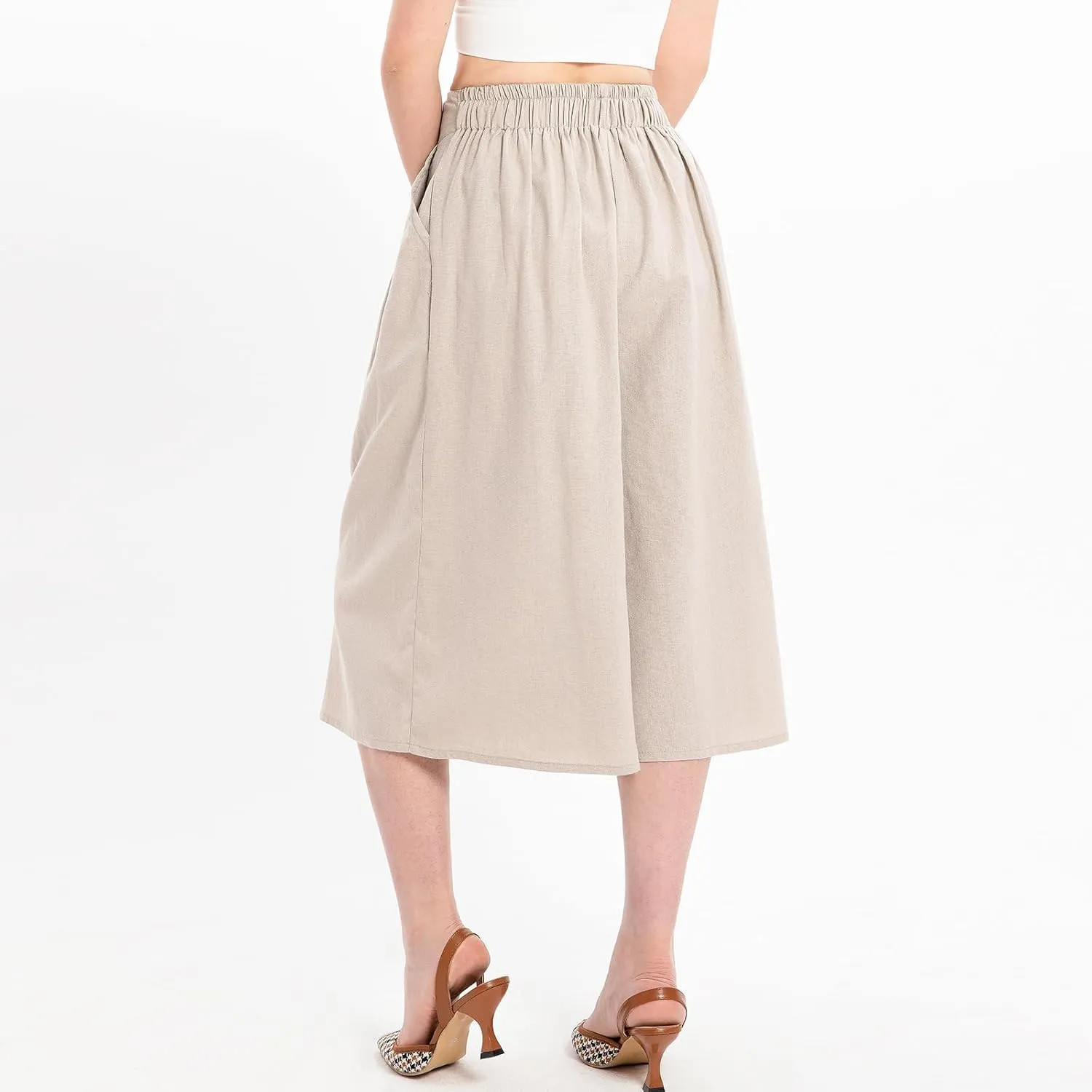 Lisskolo Women's Baggy Linen Wide Leg Palazzo Capris Pull On Embriodered Solid Summer Beach Cropped Culottes Pants Pocketed
