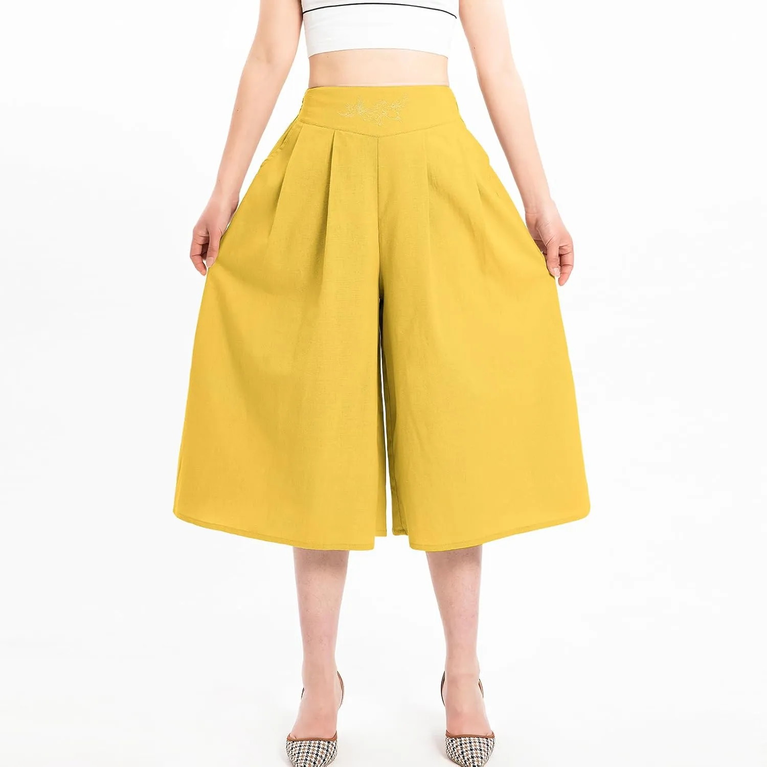 Lisskolo Women's Baggy Linen Wide Leg Palazzo Capris Pull On Embriodered Solid Summer Beach Cropped Culottes Pants Pocketed
