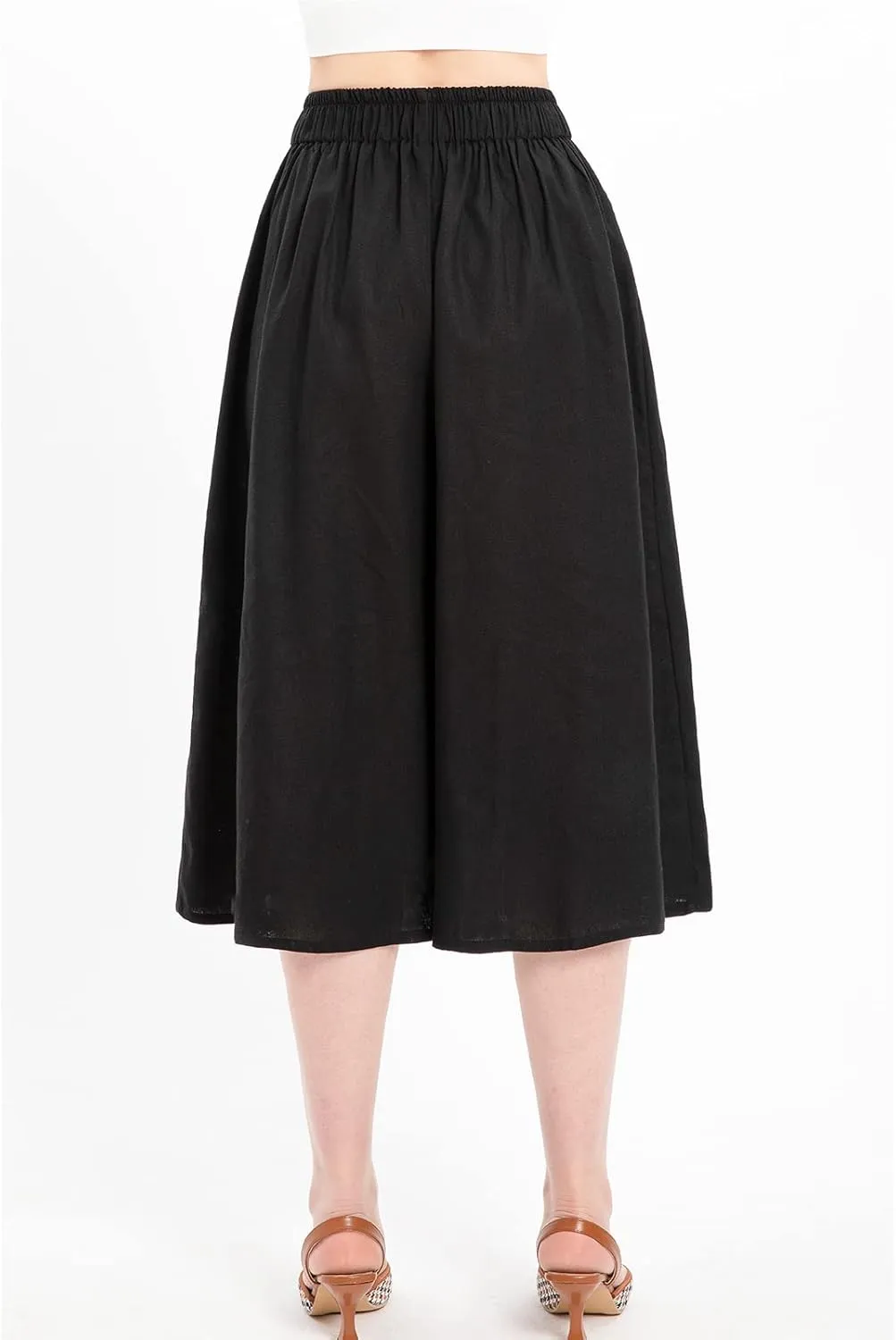 Lisskolo Women's Baggy Linen Wide Leg Palazzo Capris Pull On Embriodered Solid Summer Beach Cropped Culottes Pants Pocketed