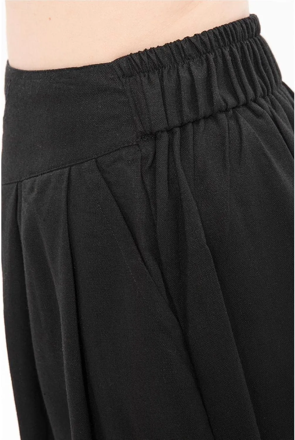 Lisskolo Women's Baggy Linen Wide Leg Palazzo Capris Pull On Embriodered Solid Summer Beach Cropped Culottes Pants Pocketed