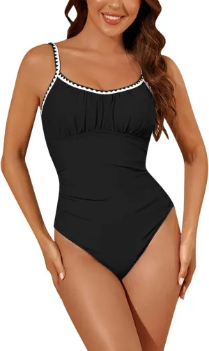 Lmdudan 2025 Women's One Piece Swimsuit Tummy Control Slimming Cheeky Bathing Suit Scoop Neck Backless Ruched Swimwear