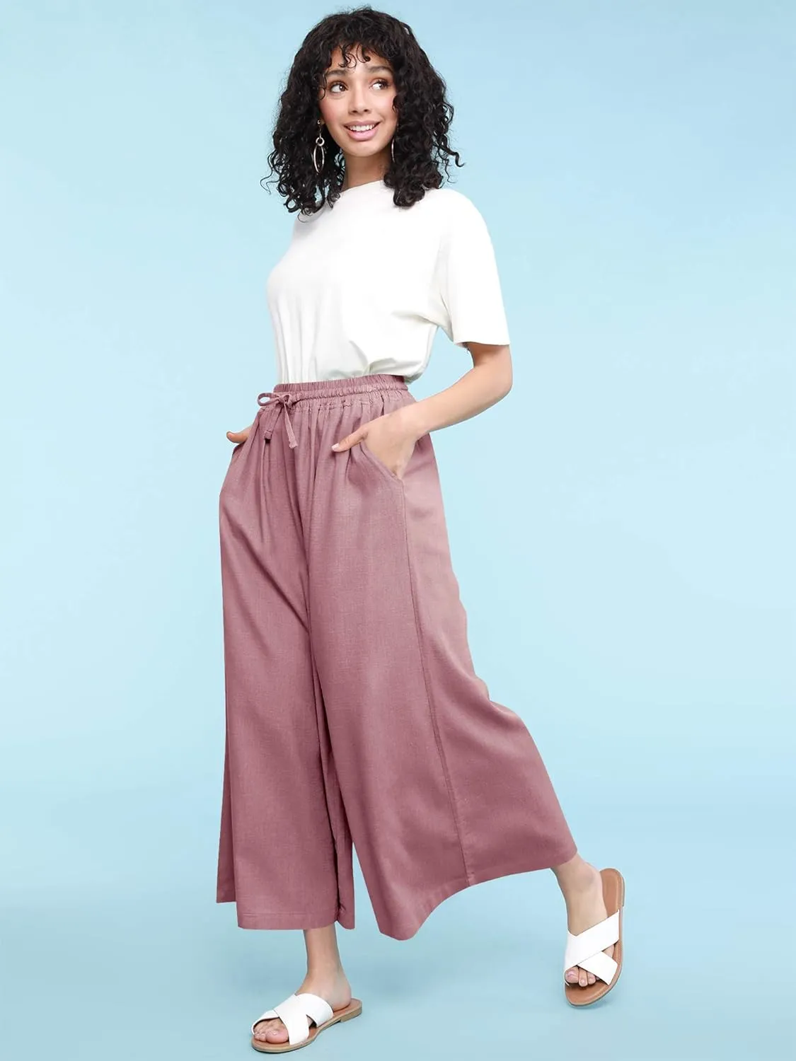 Lock and Love Women's Washed Linen Casual Loose Wide Leg Pants Pocket Pant with Draw String