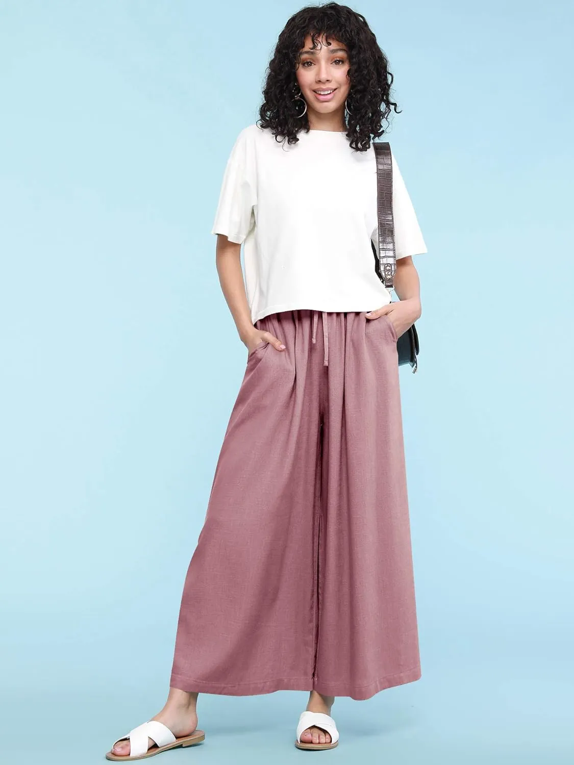 Lock and Love Women's Washed Linen Casual Loose Wide Leg Pants Pocket Pant with Draw String