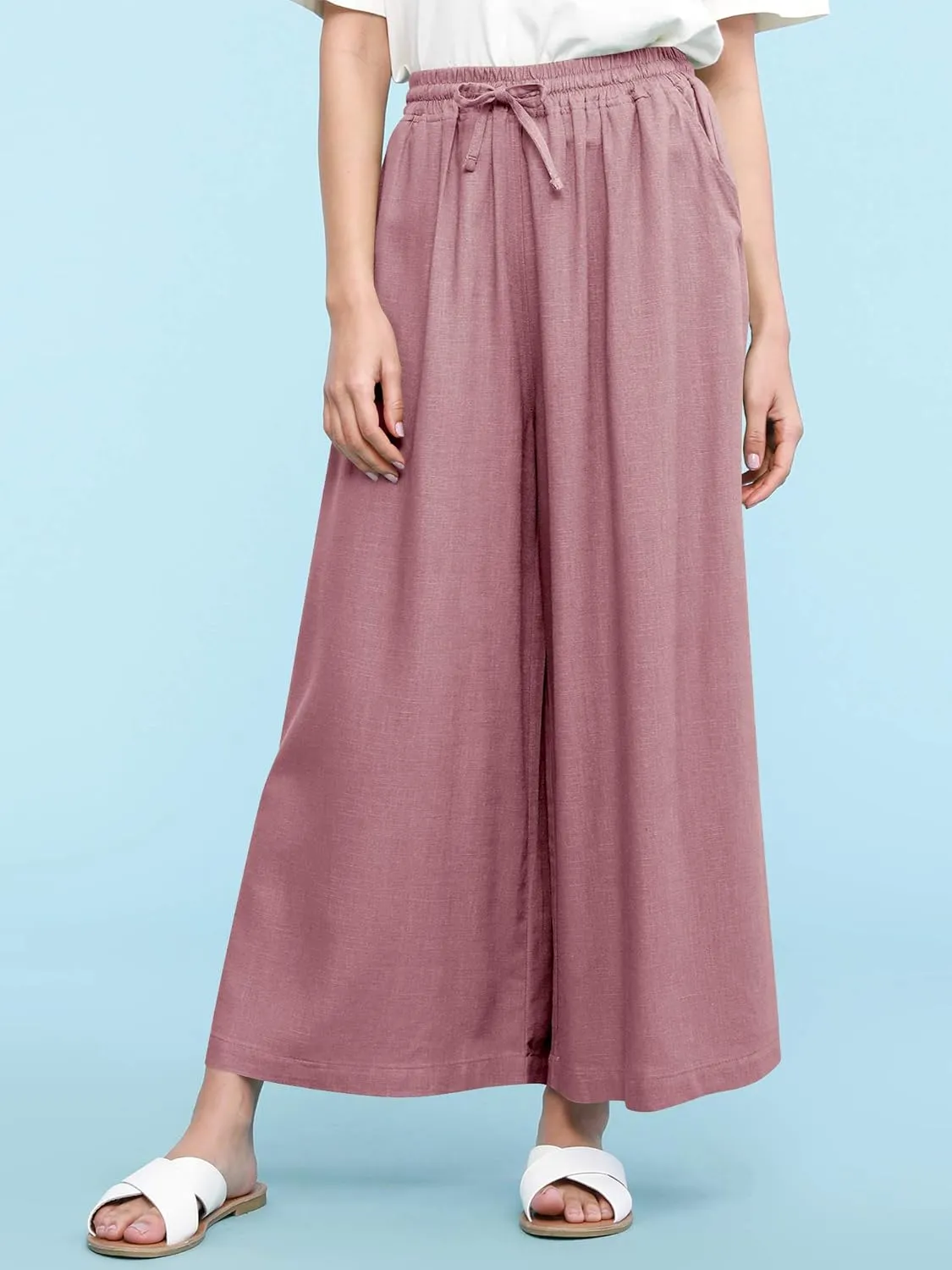 Lock and Love Women's Washed Linen Casual Loose Wide Leg Pants Pocket Pant with Draw String