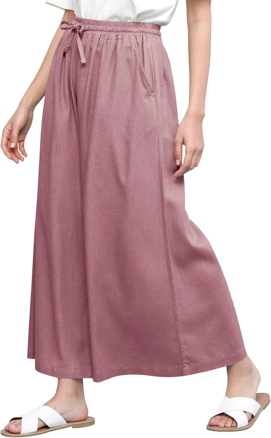 Lock and Love Women's Washed Linen Casual Loose Wide Leg Pants Pocket Pant with Draw String