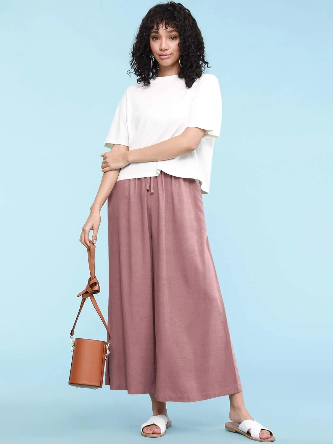 Lock and Love Women's Washed Linen Casual Loose Wide Leg Pants Pocket Pant with Draw String