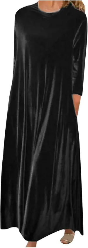 Maxi Dress for Women Long Sleeve Crewneck Loose Casual Fall Dress Trendy Shift Dress Solid Color Long Dresses Black