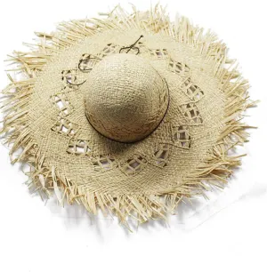 Natural Large Wide Brim Raffia Straw Hats Woven Circle Fringe Beach Cap Summer Hollow Out Big Straw Hat