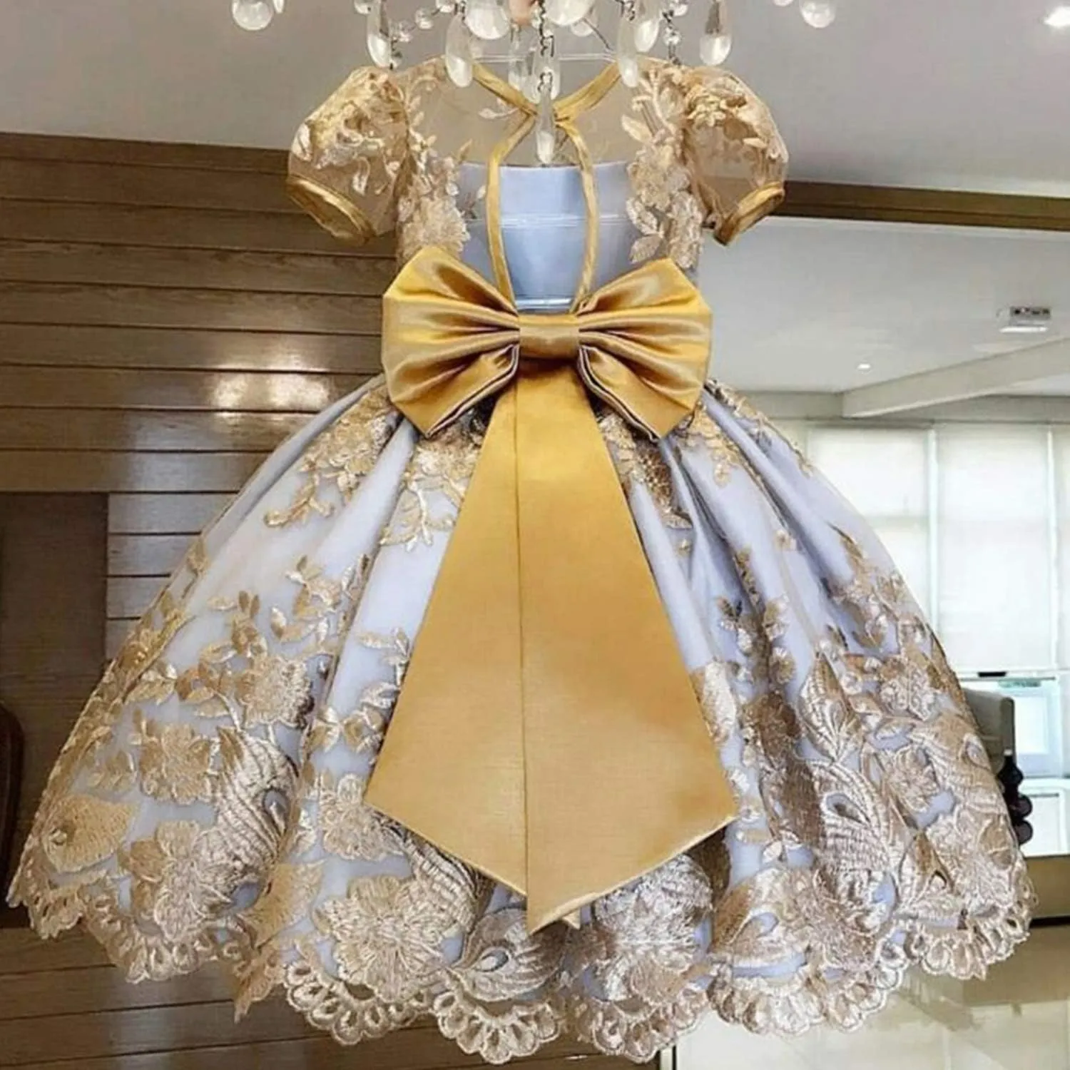 NNJXD Girl Flower Printed Cotton Elegant Tulle Bow Belt Princess Dress