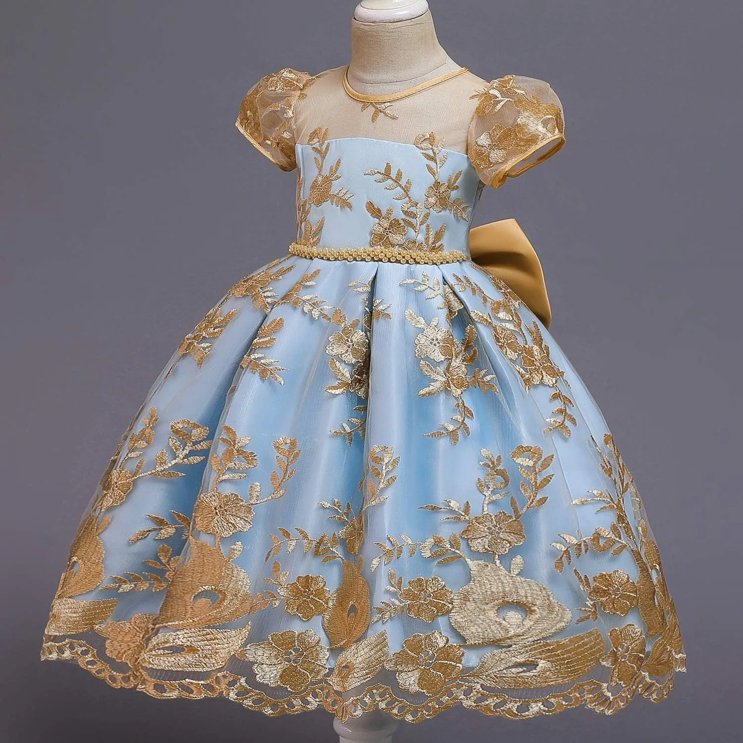 NNJXD Girl Flower Printed Cotton Elegant Tulle Bow Belt Princess Dress