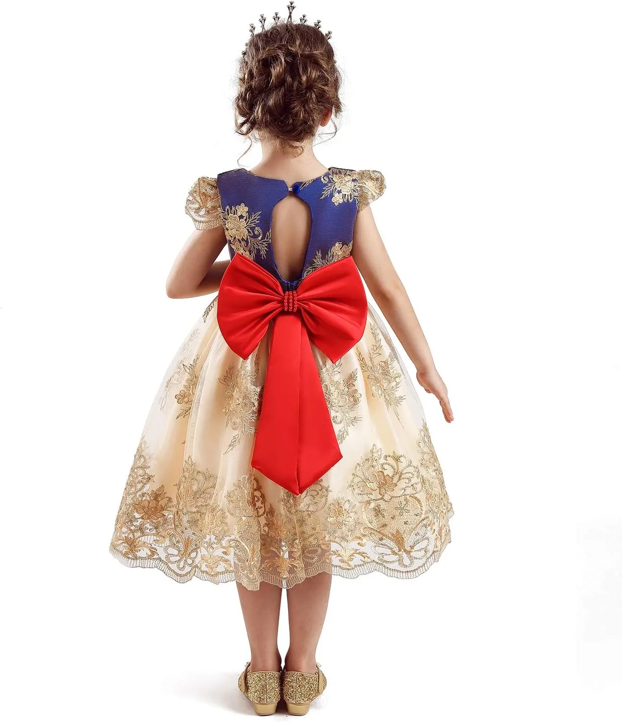 NNJXD Girl Flower Printed Cotton Elegant Tulle Bow Belt Princess Dress