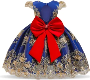 NNJXD Girl Flower Printed Cotton Elegant Tulle Bow Belt Princess Dress