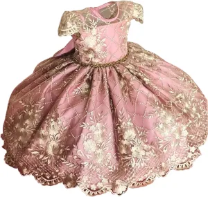 NNJXD Girl Flower Printed Cotton Elegant Tulle Bow Belt Princess Dress