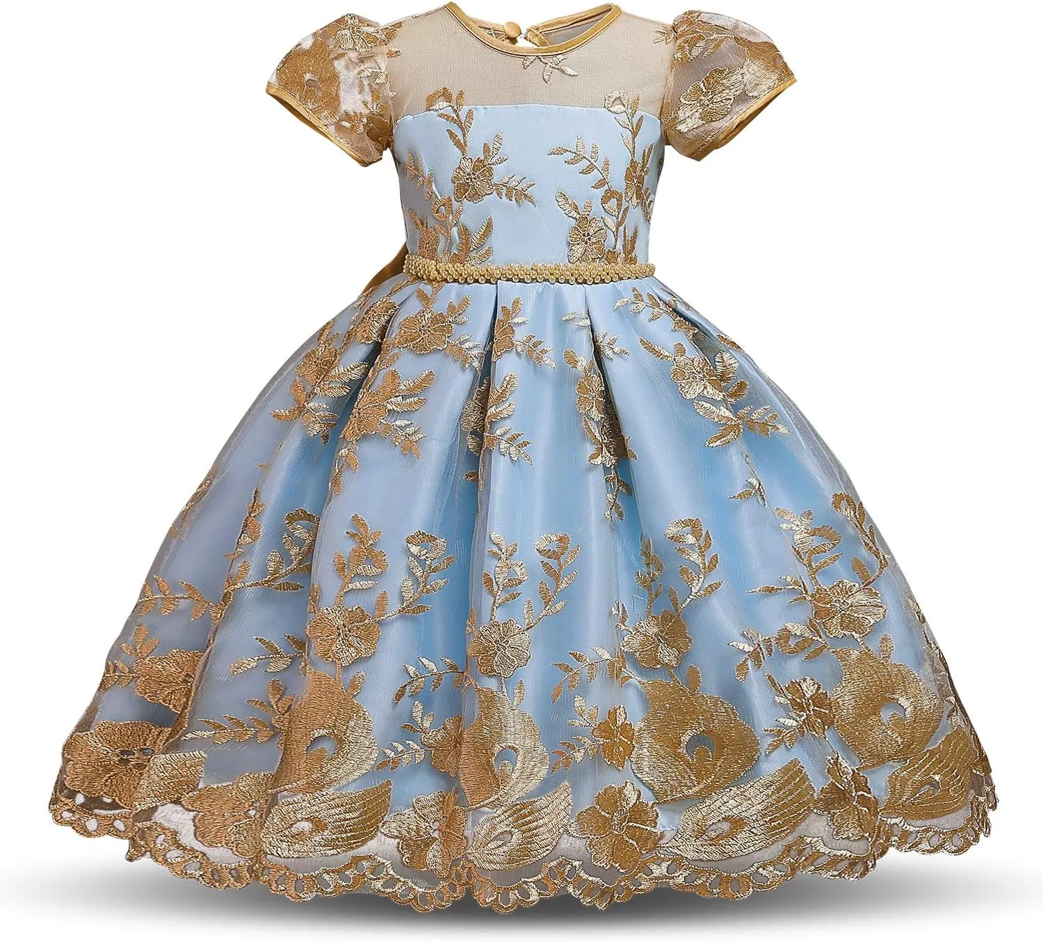 NNJXD Girl Flower Printed Cotton Elegant Tulle Bow Belt Princess Dress