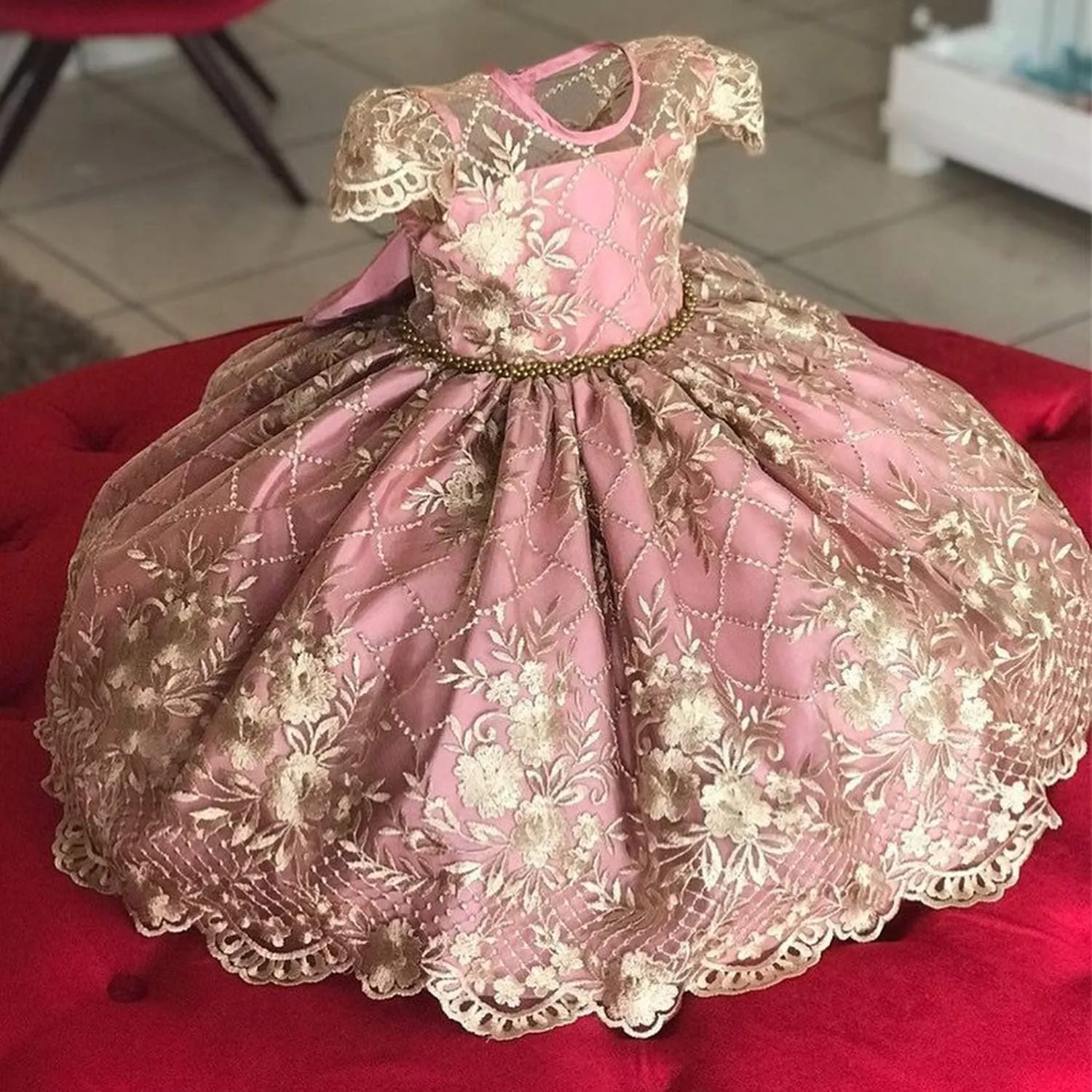 NNJXD Girl Flower Printed Cotton Elegant Tulle Bow Belt Princess Dress