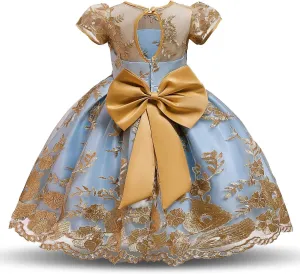 NNJXD Girl Flower Printed Cotton Elegant Tulle Bow Belt Princess Dress