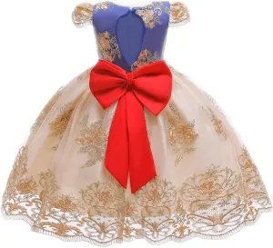 NNJXD Girl Flower Printed Cotton Elegant Tulle Bow Belt Princess Dress