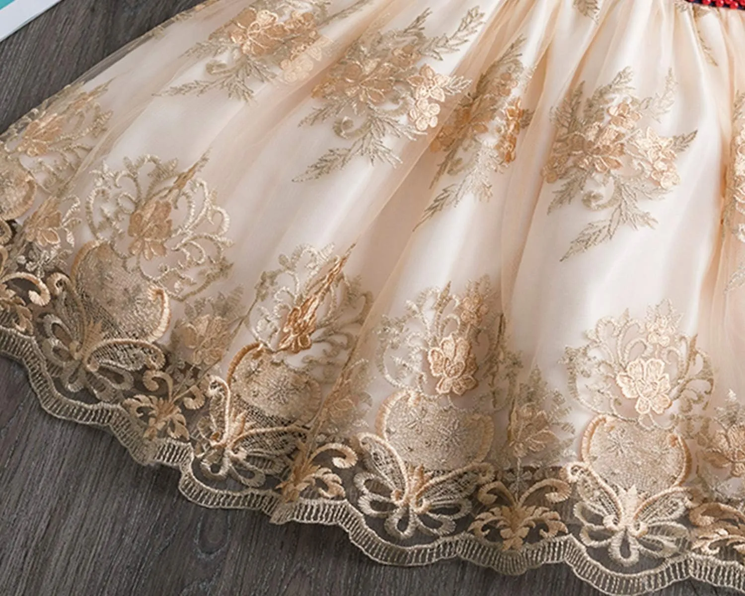 NNJXD Girl Flower Printed Cotton Elegant Tulle Bow Belt Princess Dress