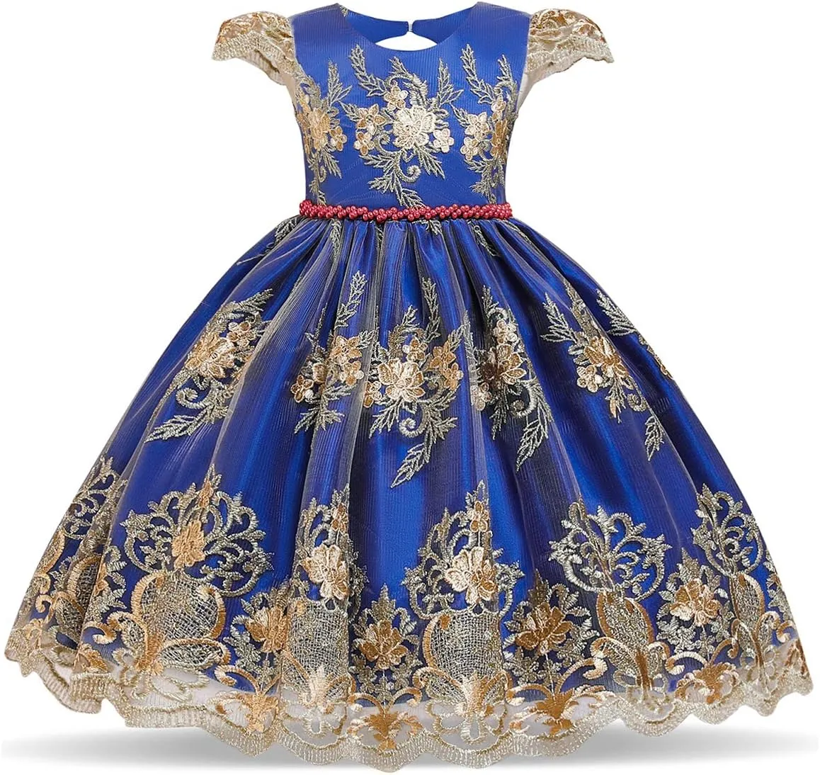 NNJXD Girl Flower Printed Cotton Elegant Tulle Bow Belt Princess Dress