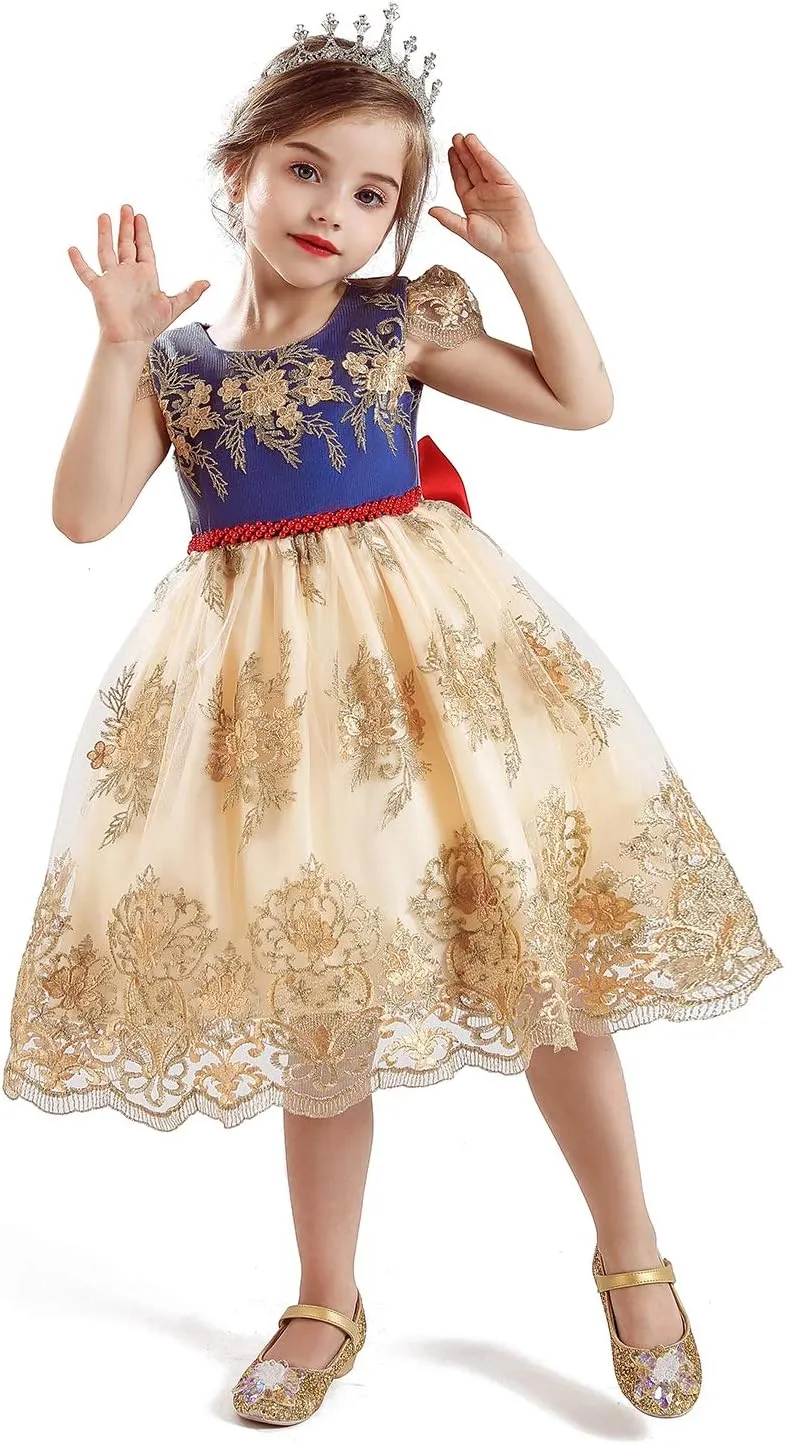 NNJXD Girl Flower Printed Cotton Elegant Tulle Bow Belt Princess Dress