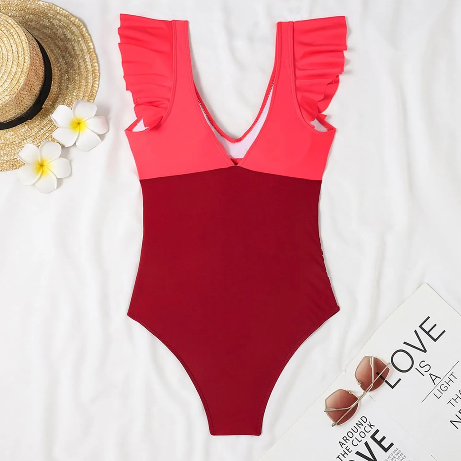 One Piece Bathing Suit Women Ruffle Swimsuits Cutout Backless Swim Suit Tummy Control Swimwear V Neck Wrap Beachwear