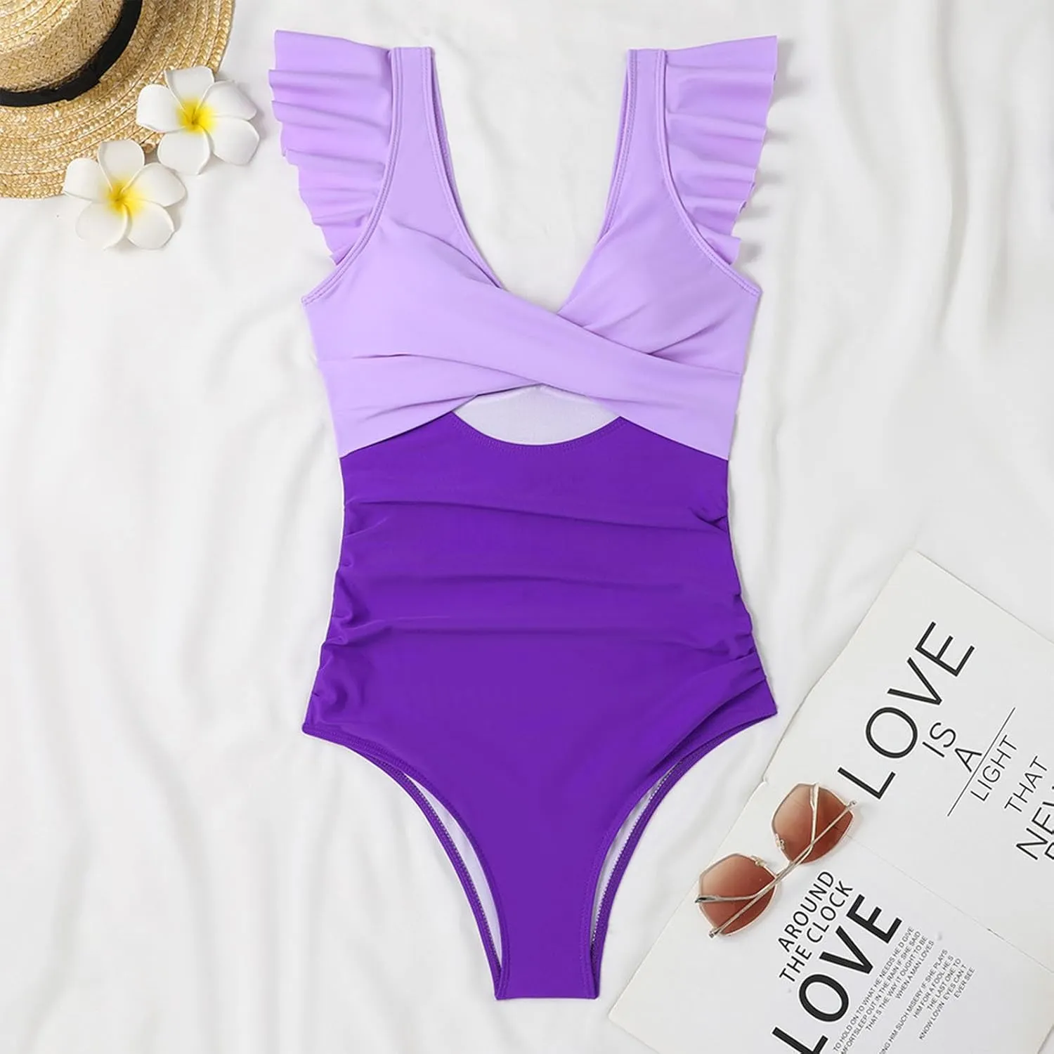 One Piece Bathing Suit Women Ruffle Swimsuits Cutout Backless Swim Suit Tummy Control Swimwear V Neck Wrap Beachwear