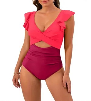 One Piece Bathing Suit Women Ruffle Swimsuits Cutout Backless Swim Suit Tummy Control Swimwear V Neck Wrap Beachwear