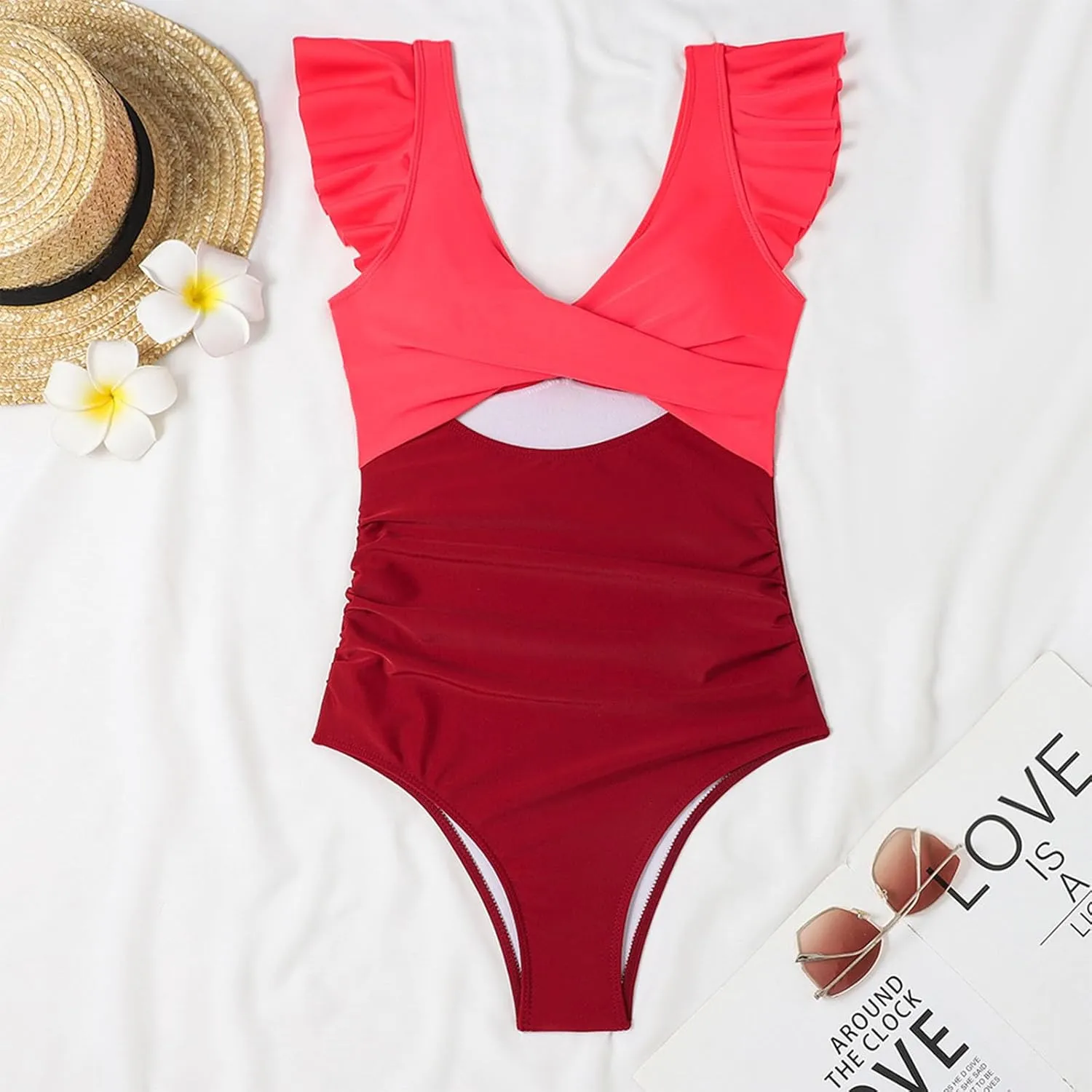 One Piece Bathing Suit Women Ruffle Swimsuits Cutout Backless Swim Suit Tummy Control Swimwear V Neck Wrap Beachwear