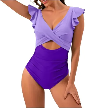 One Piece Bathing Suit Women Ruffle Swimsuits Cutout Backless Swim Suit Tummy Control Swimwear V Neck Wrap Beachwear