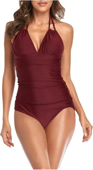 One Piece Swimsuit for Women High Waist Bathing Suit 2025 Tummy Control Halter Tied V Neck Summer Beach Swimwear