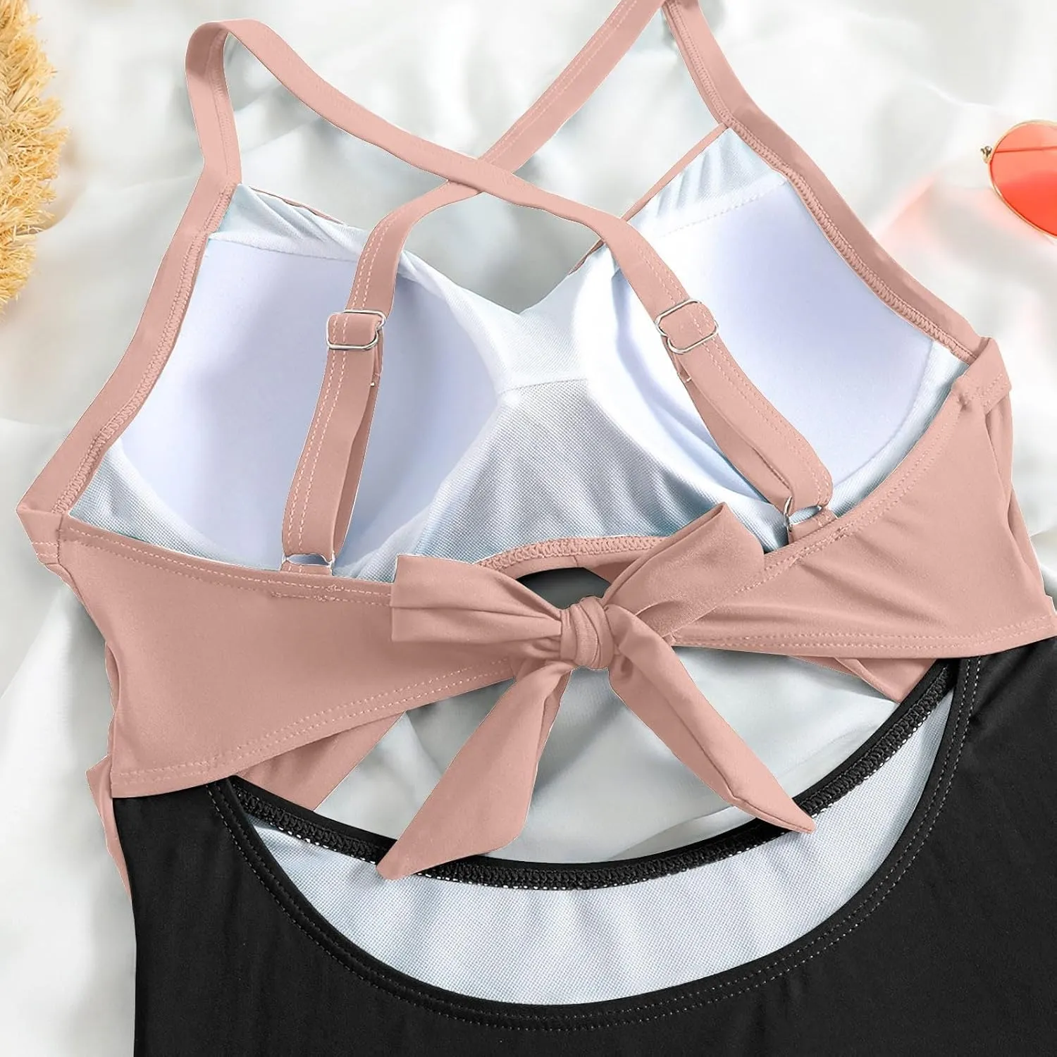 One Piece Swimsuit Women 2025 Tummy Control Cutout High Waisted Bathing Suit Color Block Wrap Tie Back Beach Swimwear