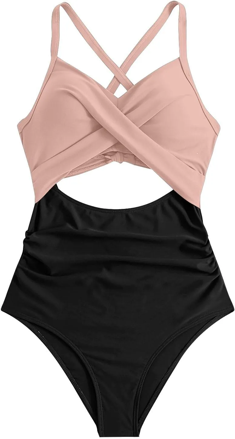 One Piece Swimsuit Women 2025 Tummy Control Cutout High Waisted Bathing Suit Color Block Wrap Tie Back Beach Swimwear