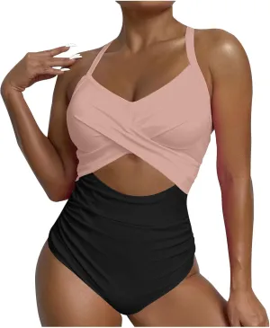 One Piece Swimsuit Women 2025 Tummy Control Cutout High Waisted Bathing Suit Color Block Wrap Tie Back Beach Swimwear