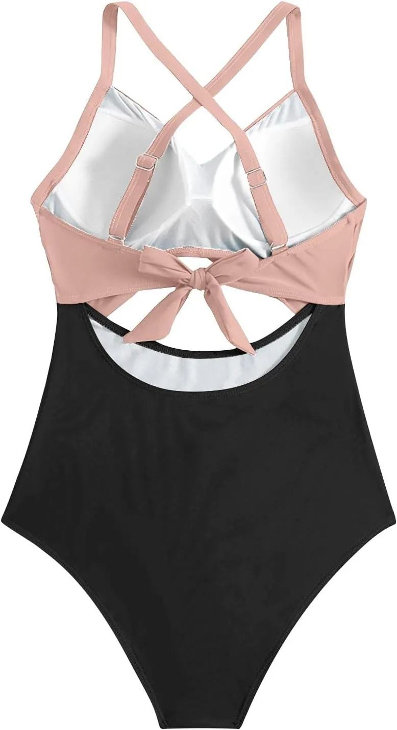 One Piece Swimsuit Women 2025 Tummy Control Cutout High Waisted Bathing Suit Color Block Wrap Tie Back Beach Swimwear