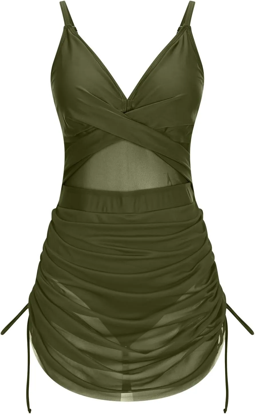 One Piece Swimsuit Women Mesh Cutout Tummy Control Bathing Suits Adjustable Spaghetti Straps Front Cross Swimwear