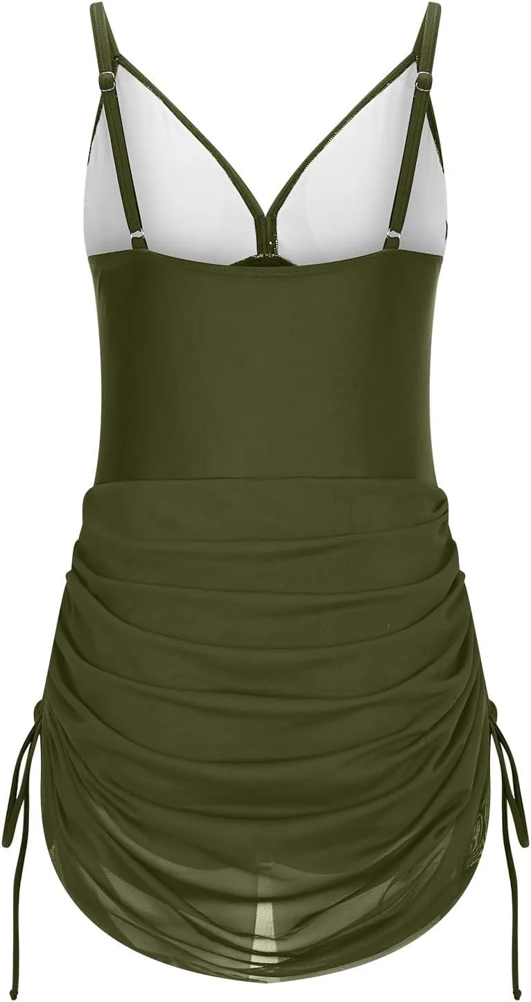 One Piece Swimsuit Women Mesh Cutout Tummy Control Bathing Suits Adjustable Spaghetti Straps Front Cross Swimwear