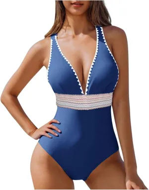 One Piece Swimsuit Women Tummy Control Bathing Suits Slimming Modest Color Block Swim Suits 2025 V Neck Swimwear